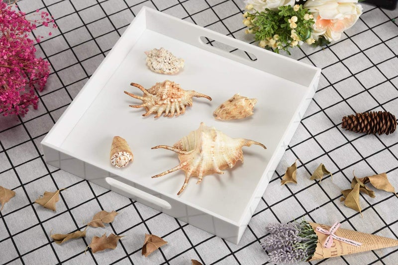 KEVLANG Glossy White Sturdy Acrylic Serving Tray with Handles-10x10Inch-Serving Coffee,Appetizer,Breakfast,Butler-Kitchen Countertop-Makeup Drawer Organizer-Vanity Table,Ottoman Tray-Decorative Tray - Image 5